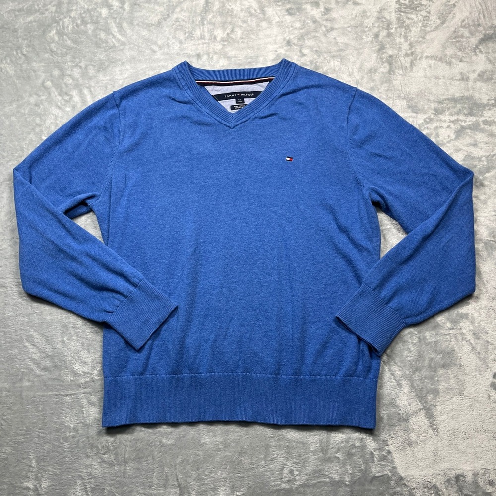 Tommy Hilfiger V-Neck Sweater Mens Blue Pima Cotton Solid Long Sleeve Logo L